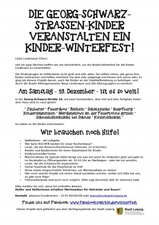 DIE GEORG-SCHWARZ-STRASSEN-KINDER VERANSTALTEN EIN KINDER-WINTERFEST! | Der Aufruf zum Kinder-Winterfest / Plakat: Johanna Gundermann