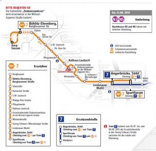 Plan für den Schienenersatzverkehr der Linie 7 am 4. Juli | Karte: LVB